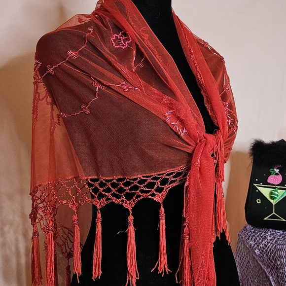 A distinctive Floral Sheer Shawl Showcases Red Beadwork Embroidery. - Picture 7 of 10